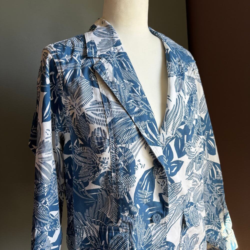 COLDWATER CREEK Women's XL Petit Blue White Floral Notch Lapel Cotton Blazer - Picture 11 of 11